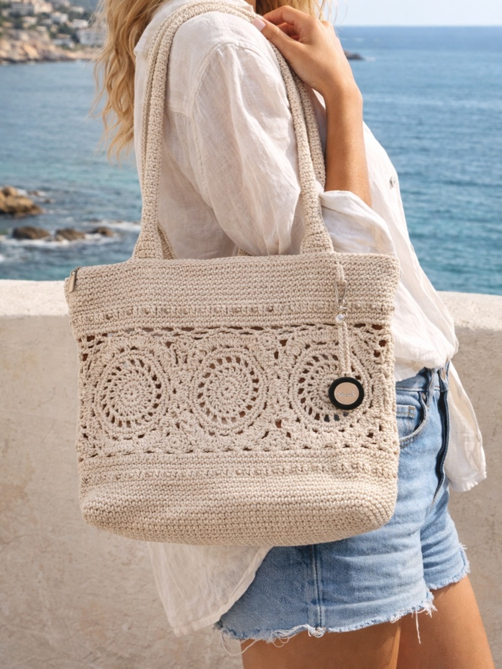 The Sak Crochet Tote Natural  Medallion Beaded | NWT | Summer Boho Neutral 90s